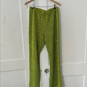 STINE GOYA Lime Green Sequin Wide-Leg Pants